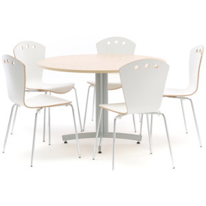 Jedálenská zostava: 1 stôl Ø1100 mm, breza + 5 stoličiek, biela