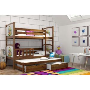 Dětská patrová postel s přistýlkou z MASIVU 180x80cm S OBRÁZKY bez šuplíku - PPV005