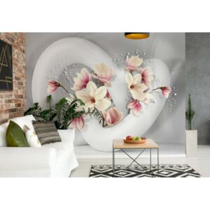 Fototapeta - 3D Structure Flowers White And Grey Vliesová tapeta - 416x254 cm