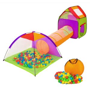 Detský stanový set sa spojovacím tunelom 3v1 + 100 plastových loptičiek - farebná