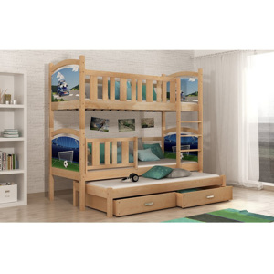 Detská poschodová posteľ DOBBY s obojstrannou potlačou + matrac + rošt ZADARMO, 184x80 cm, borovice/vzor dolná 23, horná 24