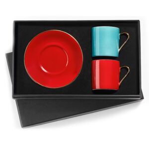 Turecký kávový set 2 šálkov s podšálkami, červená / tyrkysová, Egej - Selamlique