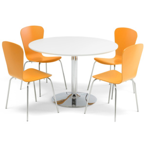 Jedálenská zostava: stôl Ø1100 mm, biely + 4 stoličky, oranžová