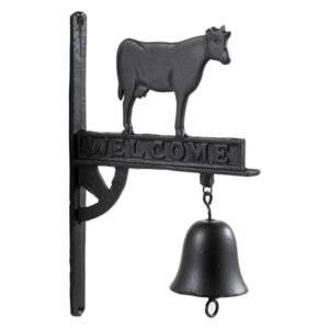 Čierny liatinový zvonček na dvere s kravou Welcome - 23 * 2,5 * 35 cm