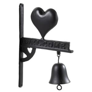 Čierny liatinový zvonček na dvere so srdcom Welcome - 23 * 2,5 * 35 cm