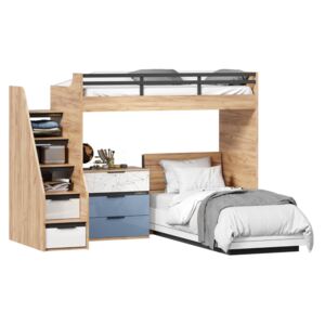 Detská poschodová posteľ Trendy 90x200cm s komodou - dub zlatý/biela/modrá