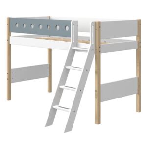 Modro-biela detská posteľ s rebríkom a nohami z brezového dreva Flexa White, výška 143 cm