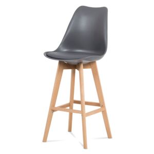 Barová stolička plast, sedák šedá ekokoža/nohy masív prírodný buk