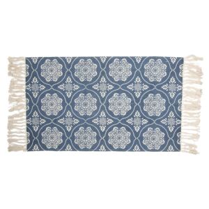 Tmavo modrý bavlnený koberec s krémovými ornamentmi a strapcami - 70 * 120 cm