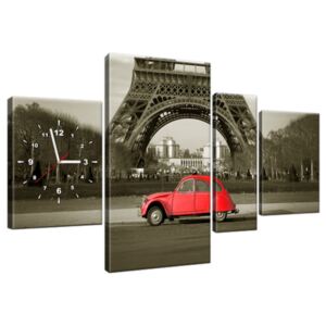 Obraz s hodinami Červené auto pred Eiffelovou vežou v Paríži 120x70cm ZP3533A_4AN