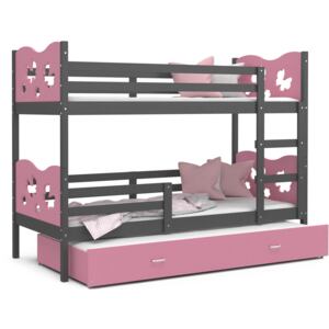 Detská poschodová posteľ s prístelkou MAX Q - 190x80 cm - ružovo-šedá - motýle