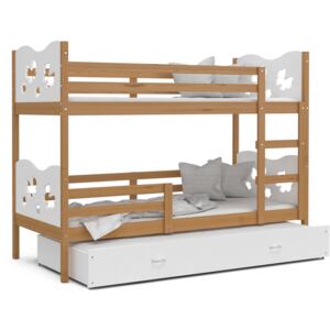 Detská poschodová posteľ s prístelkou MAX Q - 200x90 cm - biela / jelša - motýle