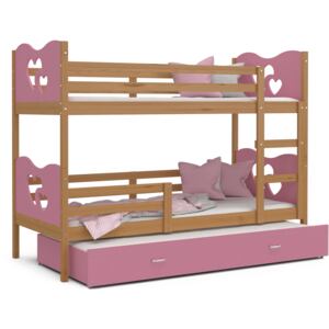 Detská poschodová posteľ s prístelkou MAX Q - 200x90 cm - ružová / jelša - srdiečka