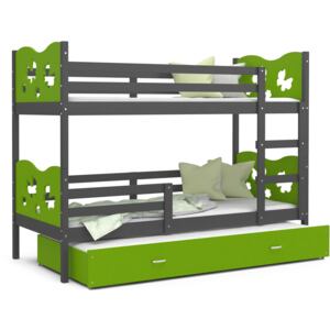 Detská poschodová posteľ s prístelkou MAX Q - 190x80 cm - zeleno-šedá - motýle