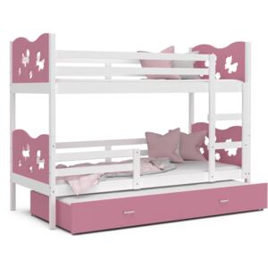Detská poschodová posteľ s prístelkou MAX Q - 200x90 cm - ružovo-biela - motýle