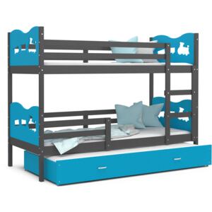 Detská poschodová posteľ s prístelkou MAX Q - 190x80 cm - modro-šedá - vláčik