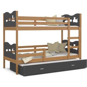 Detská poschodová posteľ s prístelkou MAX Q - 190x80 cm - sivá / jelša - vláčik