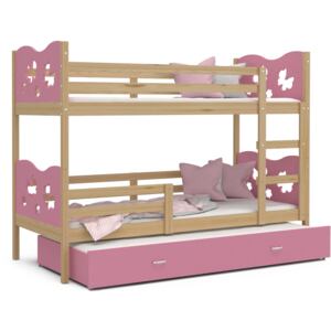 Detská poschodová posteľ s prístelkou MAX Q - 200x90 cm - ružová / borovica - motýle