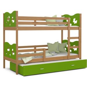 Detská poschodová posteľ s prístelkou MAX Q - 190x80 cm - zelená / jelša - motýle