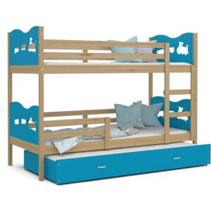 Detská poschodová posteľ s prístelkou MAX Q - 200x90 cm - modrá / borovica - vláčik