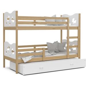 Detská poschodová posteľ s prístelkou MAX Q - 190x80 cm - biela / borovice - motýle
