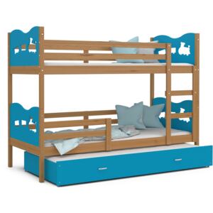 Detská poschodová posteľ s prístelkou MAX Q - 200x90 cm - modrá / jelša - vláčik
