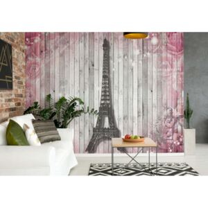 Fototapeta - Eiffel Tower Paris Pink Roses Flowers Vintage Wood Planks Vliesová tapeta - 368x254 cm