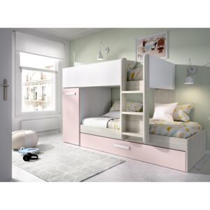Poschodová posteľ pre tri deti Tom, oak grey, white-pink
