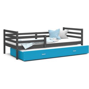Drevená detská posteľ RACEK P2 color + matrac + rošt ZADARMO, 184x80 cm, šedá/modrá