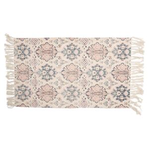 Krémový bavlnený koberec s kvetinovými motívmi a strapcami - 70 * 120 cm