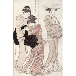 Reprodukcia, Obraz - Young woman wearing a wide straw hat, followed by a servant and a companion carrying a 'furoshiki', from the series 'Fuzoku Azuma