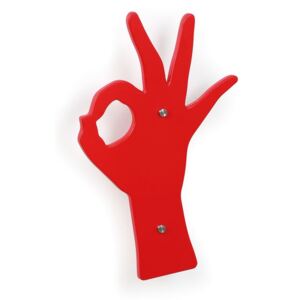 B2B Partner Drevený designový vešiak, červená ruka + Záruka 7 rokov