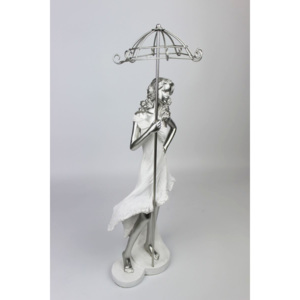 Bielo strieborná figúrka ženy s dáždnikom 43cm