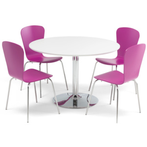 Jedálenská zostava: stôl Ø1100 mm, biely + 4 stoličky, fialová