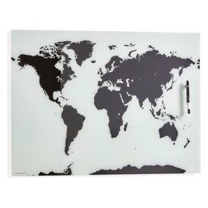 Sklenená magnetická tabuľa - mapa sveta, 800x550 mm, čierna/biela