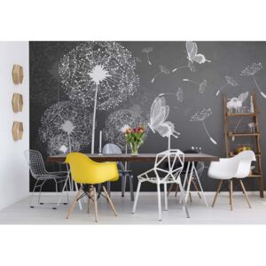 Fototapeta - Modern Dandelions And Butterflies Grey And White Vliesová tapeta - 312x219 cm