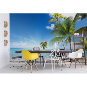 GLIX Fototapeta - Tropical Beach Palm Trees Sea Sand Vliesová tapeta - 208x146 cm
