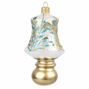 Vianočná ozdoba – voľný tvar zvonček s guľôčkou, dekor modrej a bronzovej vetvičky