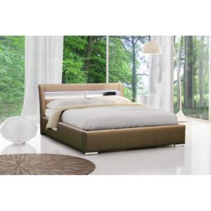 Čalúnená posteľ Lexi s úložným priestorom a osvetlením svetlo hnedá eko koža 180 x 200