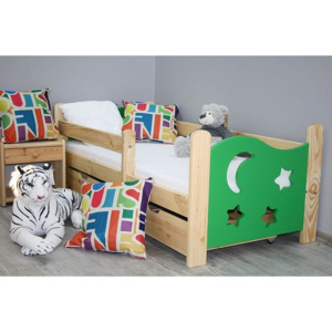 Detská posteľ STAR + rošt ZADARMO, s úložným priestorom, borovica/zelená, 70x160 cm
