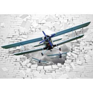 Fototapeta, Tapeta 3D Plane Bursting Through Brick Wall, (254 x 184 cm)