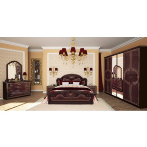 Spálňa PAVLA - posteľ 160x200+zdvíhacie rošt+matrac DE LUX+2x noč. stolík+šesťdverová skříňa so zrk.+komoda+zrk., radica mahon