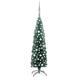Úzky umelý vianočný stromček s LED a sadou gulí zelený 150 cm