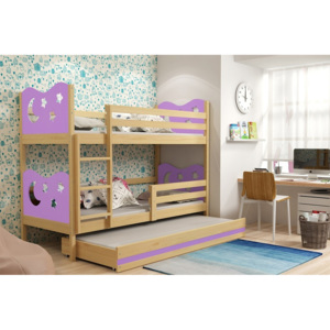 Poschodová posteľ KAMIL 3 + matrac + rošt ZADARMO, 80x160, borovica/fialová
