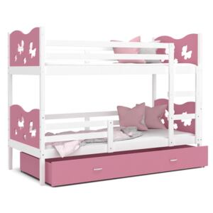 Detská poschodová posteľ so zásuvkou MAX R - 190x80 cm - ružovo-biela - motýle