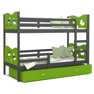 Detská poschodová posteľ so zásuvkou MAX R - 160x80 cm - zeleno-šedá - motýle