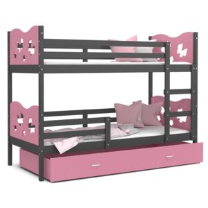 Detská poschodová posteľ so zásuvkou MAX R - 160x80 cm - ružovo-šedá - motýle