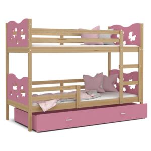 Detská poschodová posteľ so zásuvkou MAX R - 160x80 cm - ružová / borovica - motýle