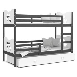 Detská poschodová posteľ so zásuvkou MAX R - 160x80 cm - bielo-sivá - srdiečka