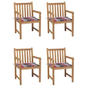 Záhradné stoličky 4 ks červené kockované podložky teakový masív